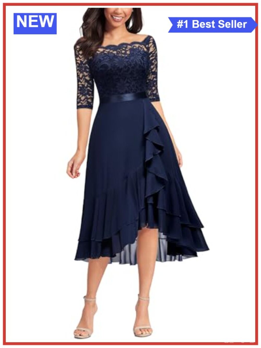 Miusol Off Shoulder Lace Short Sleeve Ruffle Hi-Lo Formal Midi Dress